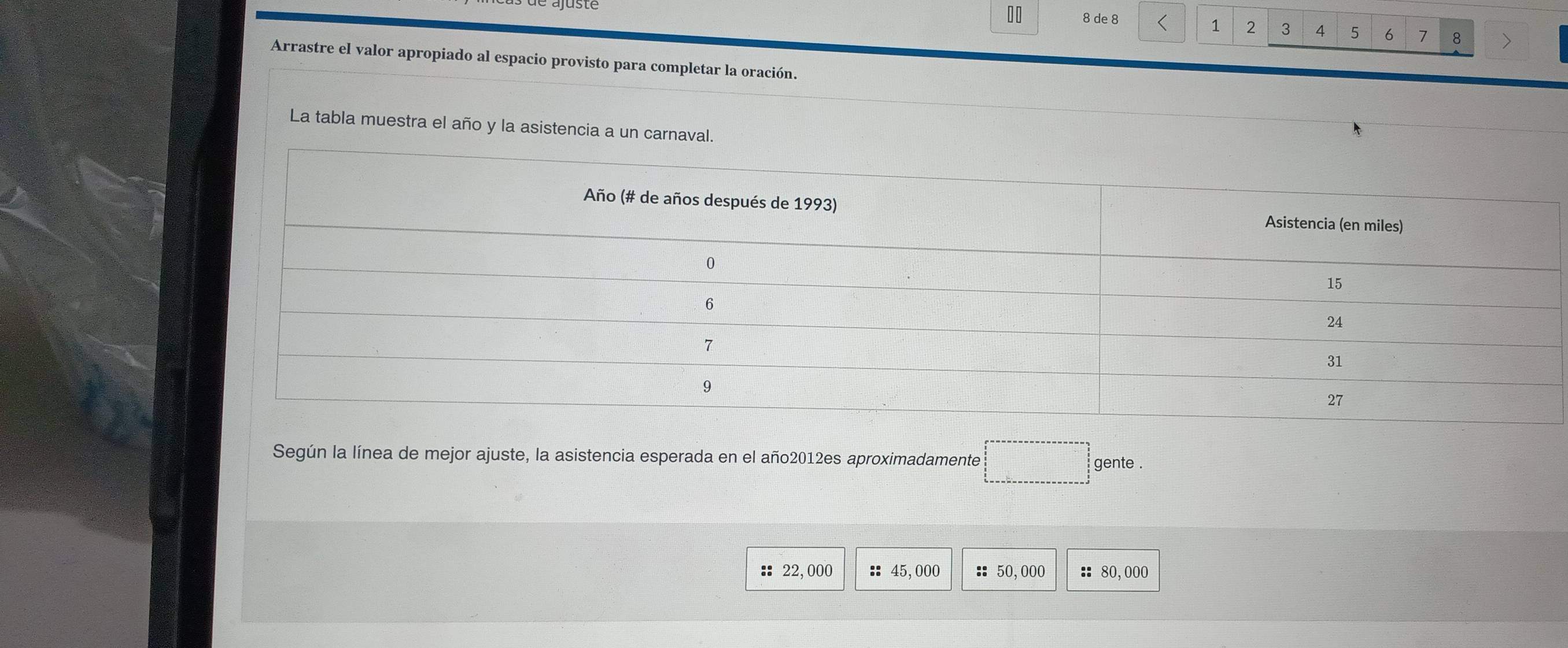 10 8 de 8 1 2 3 4 5 6 7 8 >
Arrastre el valor apropiado al espacio provisto para completar la oración.
La tabla muestra el año y la asistencia a un carnaval.
Según la línea de mejor ajuste, la asistencia esperada en el año2012es aproximadamente □ gente .
: 22,000 :: 45,000 :: 50,000 :: 80,000