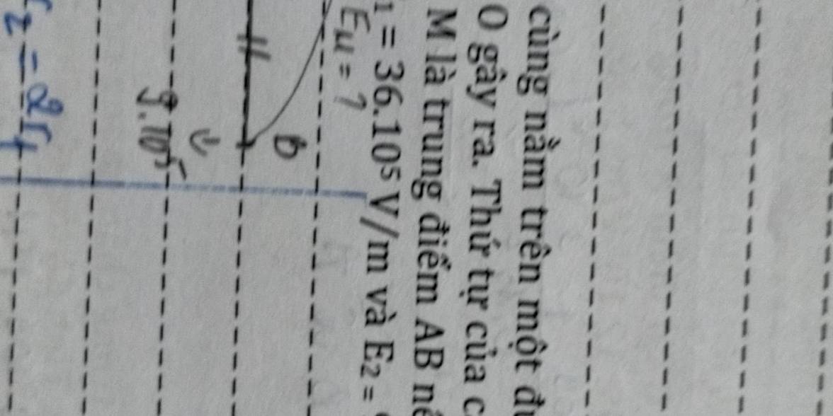 cùng nằm trên một đị 
O gây ra. Thứ tự của c 
M là trung điểm AB né
_1=36.10^5V/m và E_2=