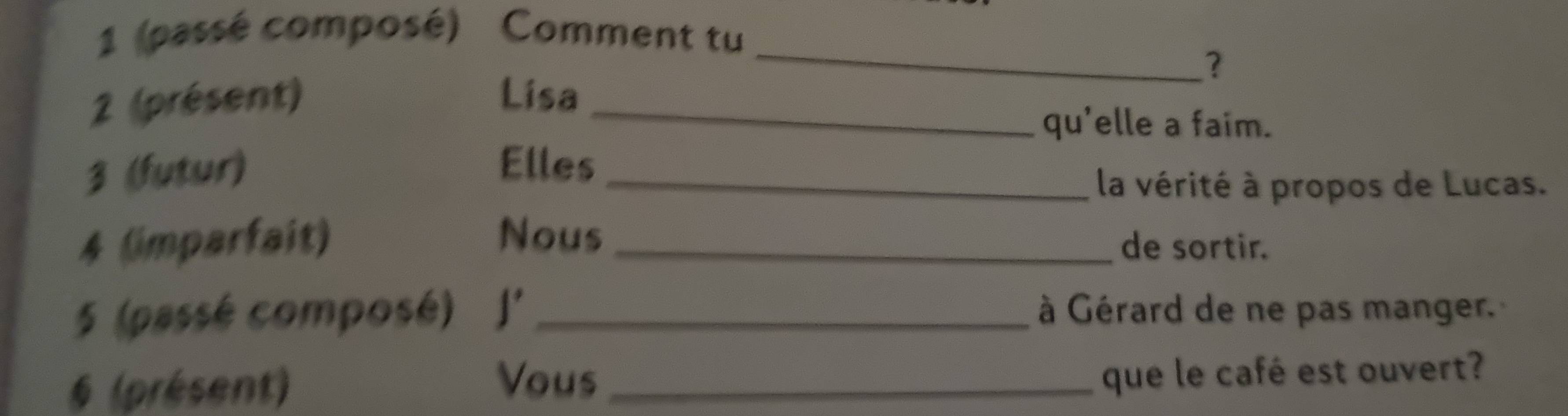 1 (passé composé) Comment tu 
_ 
? 
2 (présent) Lisa_ 
qu'elle a faim. 
3 (futur) 
Elles 
_la vérité à propos de Lucas. 
4 (imparfait) Nous _de sortir. 
5 (passé composé) _à Gérard de ne pas manger. 
6 (présent) 
Vous _que le café est ouvert?