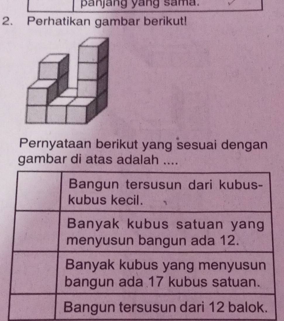 panjang yang sama. 
2. Perhatikan gambar berikut! 
Pernyataan berikut yang sesuai dengan 
gambar di atas adalah ....