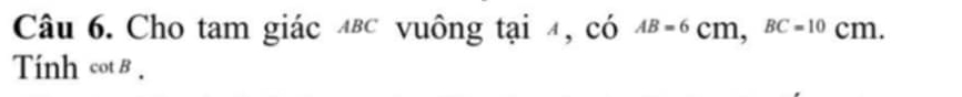 Cho tam giác 4εc vuông tại 4, có AB=6cm, BC=10cm. 
Tinh cotB.
