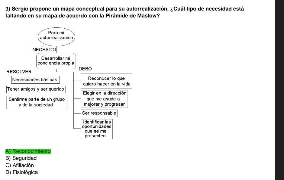 Sergio propone un mapa conceptual para su autorrealización. ¿Cuál tipo de necesidad está
faltando en su mapa de acuerdo con la Pirámide de Maslow?
A) Reconocimiento
B) Seguridad
C) Afiliación
D) Fisiológica