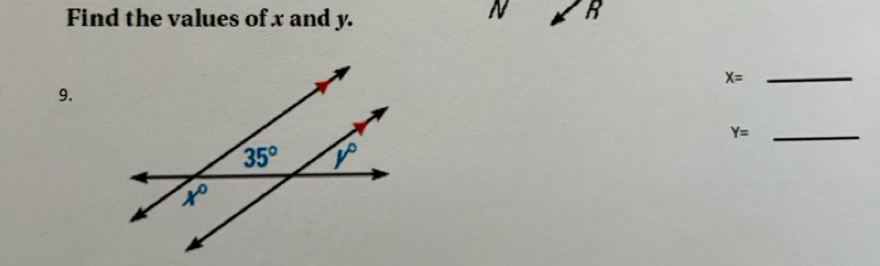 Find the values of x and y. R
_ X=
9.
Y= _