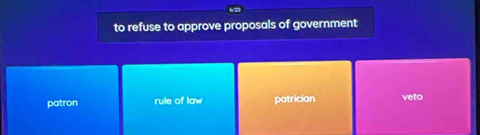 to refuse to approve proposals of government
patron rule of law patrician veto