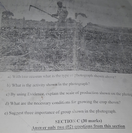 With two reasons what is the type of photograph shown above? 
b) What is the activity shown in the photograph? 
c) By using Evidence, explain the scale of production shown on the photo 
d) What are the necessary conditions for growing the crop shown? 
e) Suggest three importance of group shown in the photograph. 
SECTION C (30 marks) 
Answer only two (02) questions from this section