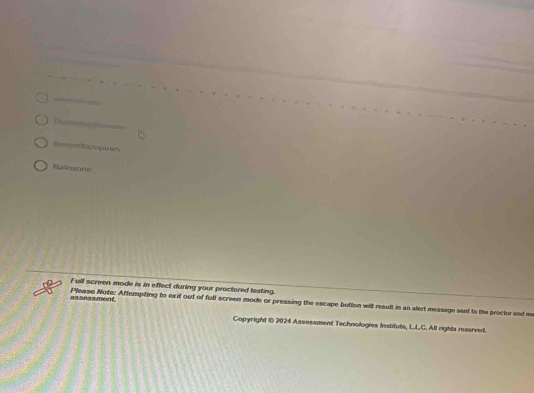 a 
Benmadiazopines 
Noxone 
Full screen mode is in effect during your proctored testing. 
assessment. 
Please Note: Attempting to exit out of full screen mode or pressing the escape button will result in an alert message sent to the proctor and me 
Copyright © 2024 Assessment Technologies Institute, L.L.C. All rights reserved.