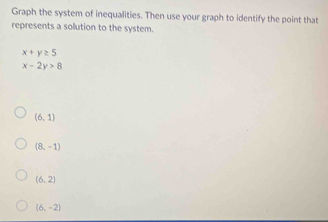 Graph the system of inequalities. Then use your graph to identify the point that
represents a solution to the system.
x+y≥ 5
x-2y>8
(6,1)
(8,-1)
(6,2)
(6,-2)