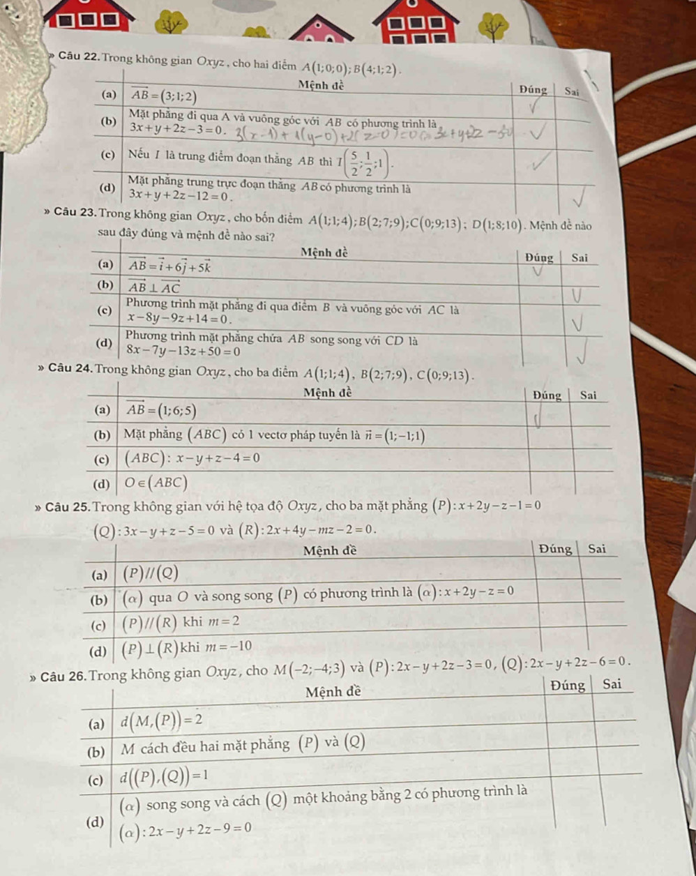 Trong không gian Oxyz , cho hai điểm
xyz , cho bốn điểm A(1;1;4);B(2;7;9);C(0;9;13);D(1;8;10). Mệnh đề nào
»g gian Oxyz , cho ba điểm A(1;1;4),B(2;7;9),C(0;9;13).
Câu 25. Trong không gian với he : tọa độ Oxyz , cho ba mặt phẳng (P) :x+2y-z-1=0
và (R):2x+4y-mz-2=0.
» và (P):2x-y+2z-3=0,(Q):2x-y+2z-6=0.