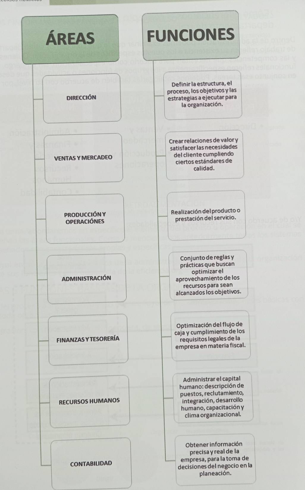 ÁrEAs FUNCIONES 
Definir la estructura, el 
DIRECCIÓN proceso, los objetivos y las 
estrategias a ejecutar para 
la organización. 
Crear relaciones de valor y 
satisfacer las necesidades 
VENTAS Y MERCADEO del cliente cumpliendo 
ciertos estándares de 
calidad. 
PRODUCCIÓN Y Realización del producto o 
OPERACIÓNES prestación del servicio. 
Conjunto de reglas y 
prácticas que buscan 
ADMINISTRACIÓN optimizarel 
aprovechamiento de los 
recursos para sean 
alcanzados los objetivos. 
Optimización del flujo de 
FINANZAS Y TESORERÍA caja y cumplimiento de los 
requisitos legales de la 
empresa en materia fiscal. 
Administrar el capital 
humano: descripción de 
puestos, reclutamiento, 
RECURSOS HUMANOS integración, desarrollo 
humano, capacitación y 
clima organizacional. 
Obtener información 
precisa y real de la 
CONTABILIDAD empresa, para la toma de 
decisiones del negocio en la 
planeación.