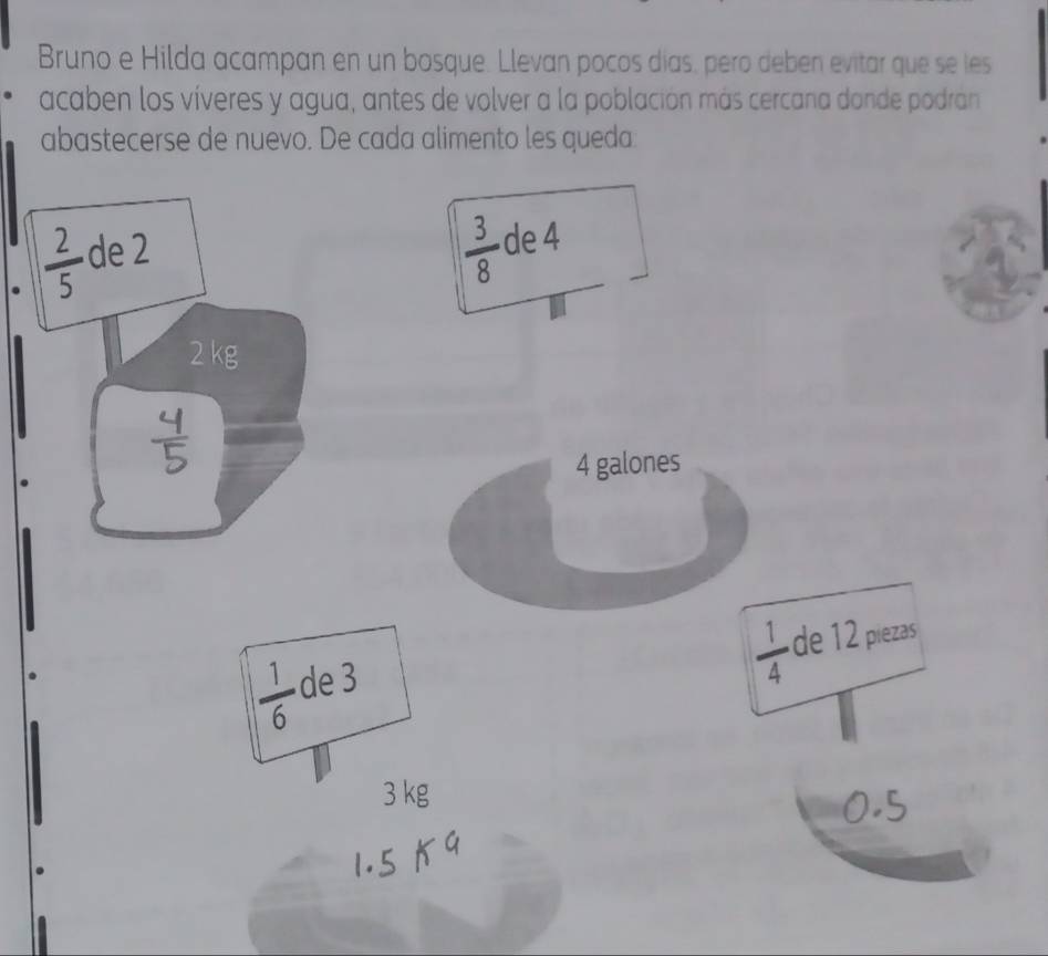Bruno e Hilda acampan en un bosque. Llevan pocos días, pero deben evitar que se les
acaben los víveres y agua, antes de volver a la población más cercana donde podran
abastecerse de nuevo. De cada alimento les queda:
 2/5  de 2
 3/8  de 4
2 kg
4 galones
 1/4  de 12 píezs
 1/6  de 3
