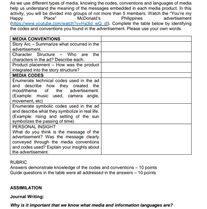 As we use different types of media, knowing the codes, conventions and languages of media 
help us understand the meaning of the messages embedded in each media product. In this 
activity, you will be divided into groups of not more than 5 members. Watch the “You’re my 
Happy Place" McDonald's Philippines advertisement 
(https://www.youtube.com/watch _ ?v=Ha3ld _ WQ d). Complete the table below by identifying 
the codes and conventions you found in the advertisement. Please use your own words. 
RUBRIC 
Answers demonstrate knowledge of the codes and conventions - 10 points 
Guide questions in the table were all addressed in the answers - 10 points 
ASSIMILATION 
Journal Writing: 
Why is it important that we know what media and information languages are?