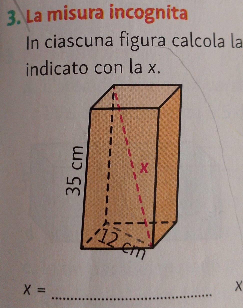 La misura incognita 
In ciascuna figura calcola la 
indicato con la x. 
_ X=
X