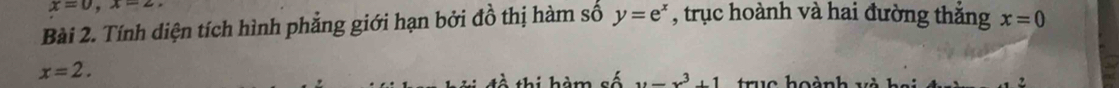 x=0, x=2. 
Bài 2. Tính diện tích hình phẳng giới hạn bởi đồ thị hàm số y=e^x , trục hoành và hai đường thắng x=0
x=2. 
tề thi hàm số y=x^3+1