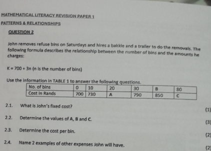 MATHEMATICAL LITERACY REVISION PAPER 1 
PATTERNS & RELATIONSHIPS 
QUESTION 2 
John removes refuse bins on Saturdays and hires a bakkie and a trailer to do the removals. The 
following formula describes the relationship between the number of bins and the amounts he 
charges:
K=700+3n (n is the number of bins) 
Use the information in TABLE 1 to answer the following question 
2.1. What is John's fixed cost? (1) 
2.2. Determine the values of A, B and C. 
(3) 
2.3. Determine the cost per bin. 
(2] 
2.4. Name 2 examples of other expenses John will have. 
(2)