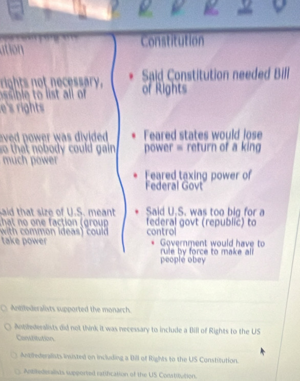 ution
Constitution
rights not necessary. Said Constitution needed Bill
assible to list all of of Rights
e's rights 
eved power was divided . Feared states would lose
o that nobody could gain power = return of a king
much power
Eeared taxing power of
Federal Govt
aid that size of U.S. meant Said U.S. was too big for a
that no one faction (group federal govt (republic) to
with common ideas) could control
take power Government would have to
rule by force to make all
people obey
Antifederalists supported the monarch.
Antifederalists did not think it was necessary to include a Bill of Rights to the US
Constitution
Antifederalists insisted on including a Bill of Rights to the US Constitution.
Antitederalists supported ratification of the US Constitution.