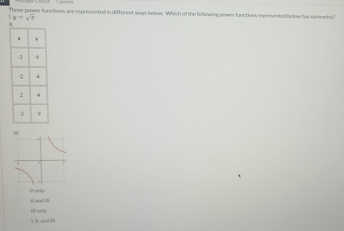 Muitiple Choice 5 points
Three power functions are represented in different ways below. Which of the following power functions represented below has symmetry?
1. y=sqrt(x)
III.
II only
II and III
III only
1, II, and III