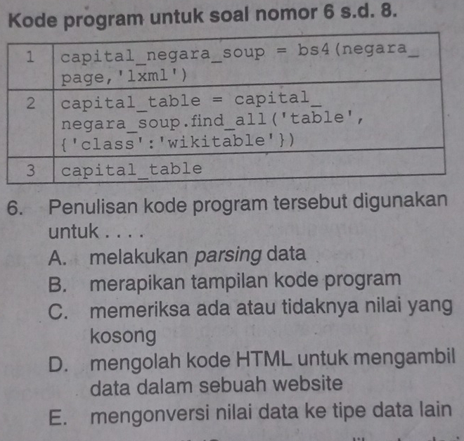 Kode program untuk soal nomor 6 s.d. 8.
6. Penulisan kode program tersebut digunakan
untuk . . . .
A. melakukan parsing data
B. merapikan tampilan kode program
C. memeriksa ada atau tidaknya nilai yang
kosong
D. mengolah kode HTML untuk mengambil
data dalam sebuah website
E. mengonversi nilai data ke tipe data lain