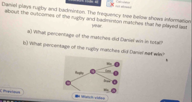 Calculator 
Kwork code: 4E not allowed 
Daniel plays rugby and badminton. The frequency tree below shows information 
about the outcomes of the rugby and badminton matches that he played last
year. 
a) What percentage of the matches did Daniel win in total? 
b) What percentage of the rugby matches did Daniel not win? 
Previous Watch video