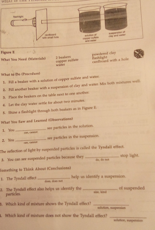 Figure E
What You Need (Materials) 2 beakers powdered clay
copper sulfate flashlight
water cardboard with a hole
What to Do (Procedure)
1. Fill a beaker with a solution of copper sulfate and water.
2. Fill another beaker with a suspension of clay and water. Mix both mixtures well.
3. Place the beakers on the table next to one another.
4. Let the clay water settle for about two minutes.
5. Shine a flashlight through both beakers as in Figure E.
What You Saw and Learned (Observations)
1. You _see particles in the solution.
can, cannot
2. You _see particles in the suspension.
can, cannot
The reflection of light by suspended particles is called the Tyndall effect.
3. You can see suspended particles because they _do, do not stop light.
Something to Think About (Conclusions)
help us identify a suspension.
1. The Tyndall effect _does, does not
2. The Tyndall effect also helps us identify the _size, kind of suspended
particles.
3. Which kind of mixture shows the Tyndall effect?_
solution, suspension
1. Which kind of mixture does not show the Tyndall effect?_
solution, suspension