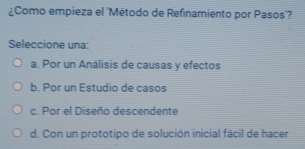 ¿Como empieza el 'Método de Refinamiento por Pasos'?
Seleccione una:
a. Por un Análisis de causas y efectos
b. Por un Estudio de casos
c. Por el Diseño descendente
d. Con un prototipo de solución inicial fácil de hacer