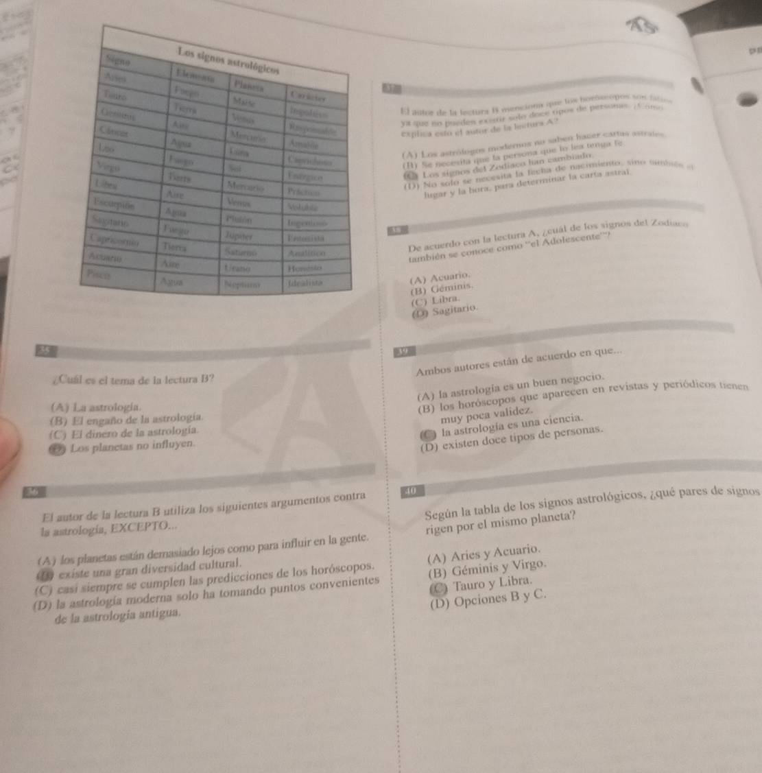 El autor de la lectura 1 esenciona que loi horósiópos són fatc
A
ya que no pueden exertir solo doce tipos de personas. . Como
explica esto el autor de la Initura A?
(A) Los astróloges modernos no saben hacer cartas astraies
(H) Se necesita que la persona que lo lea tenga fe
Los signos del Zediaco han cambiado.
C
D) bo solo se necesita la feçha de nacimiento, sino tambié   
lugar y la hora, para determinar la carta astral
De acuerdo con la lectura A, ¿cuál de los signos del Zodiaco
también se conoce como ''el Adolescente''')
(B) Géminis. (A) Acuario.
(D) Sagitario. (C) Libra.
Ambos autores están de acuerdo en que...
¿Cual es el tema de la lectura B?
(A) la astrología es un buen negocio.
(A) La astrología.
(B) los horóscopos que aparecen en revistas y periódicos tienen
(B) El engaño de la astrología.
muy poca validez.
(C) El dinero de la astrología.
(C) la astrología es una ciencia.
( Los planetas no influyen.
(D) existen doce tipos de personas.
M
Según la tabla de los signos astrológicos, ¿qué pares de signos
El autor de la lectura B utiliza los siguientes argumentos contra 40
ls astrología, EXCEPTO...
(A) los planetas están demasiado lejos como para influir en la gente. rigen por el mismo planeta?
existe una gran diversidad cultural.
(C) casí siempre se cumplen las predicciones de los horóscopos. (A) Aries y Acuario.
(C) Tauro y Libra.
(D) la astrología moderna solo ha tomando puntos convenientes (B) Géminis y Virgo.
(D) Opciones B y C.
de la astrologia antigua.