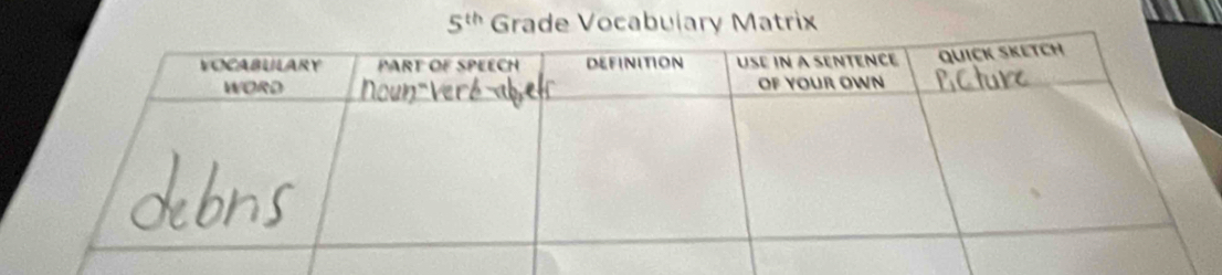 5^(th) Grade Vocabulary Matrix