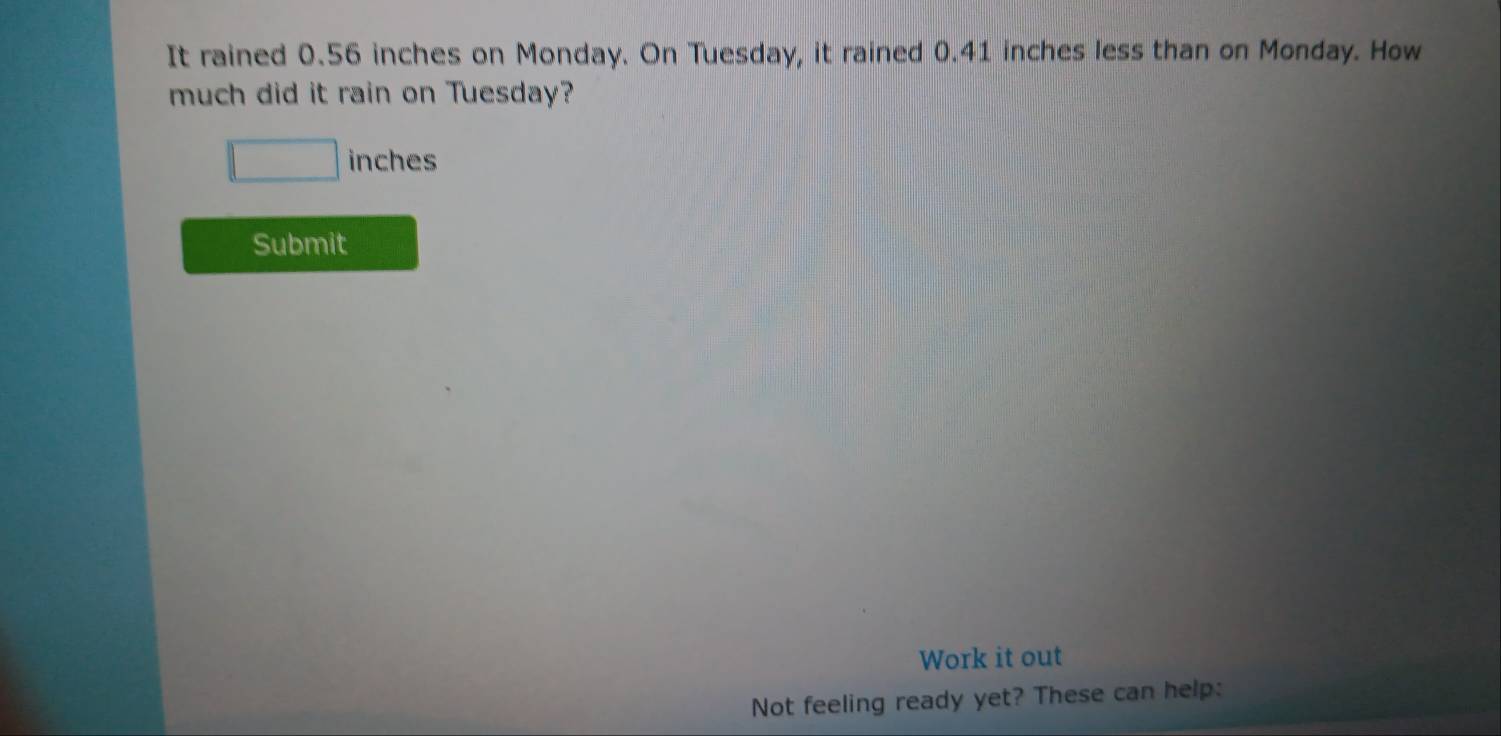 It rained 0.56 inches on Monday. On Tuesday, it rained 0.41 inches less than on Monday. How 
much did it rain on Tuesday?
□  inches
Submit 
Work it out 
Not feeling ready yet? These can help: