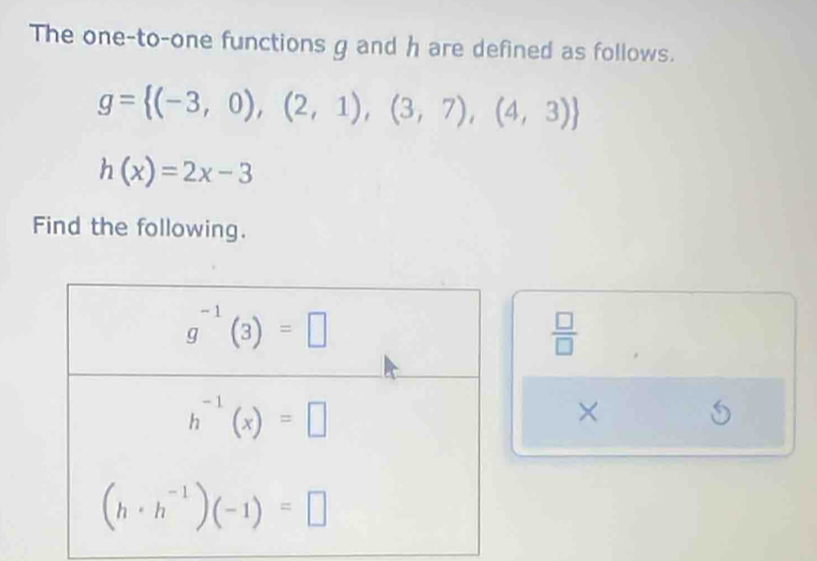 The one-to-one functions g and h are defined as follows.
g= (-3,0),(2,1),(3,7),(4,3)
h(x)=2x-3
Find the following.
 □ /□  
×