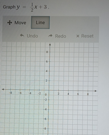 Graph y= 1/2 x+3. 
Move Line 
Undo Redo × Reset