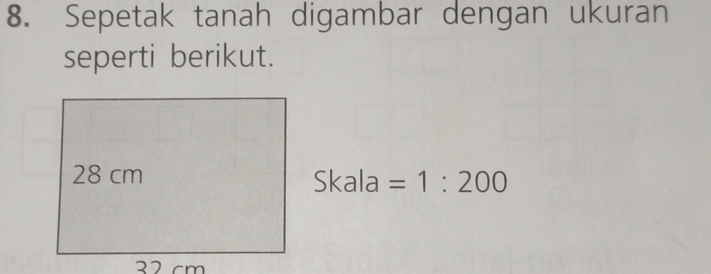 Sepetak tanah digambar dengan ukuran 
seperti berikut. 
Skala =1:200