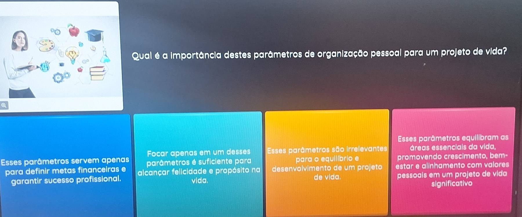 Qual é a importância destes parâmetros de organização pessoal para um projeto de vida? 
Esses parâmetros equilibram as 
Focar apenas em um desses Esses parâmetros são irrelevantes áreas essenciais da vida, 
Esses parâmetros servem apenas parâmetros é suficiente para para o equilíbrio e promovendo crescimento, bem- 
para definir metas financeiras e alcançar felicidade e propósito na desenvolvimento de um projeto estar e alinhamento com valores 
garantir sucesso profissional. vida. de vida. pessoais em um projeto de vida 
significativo