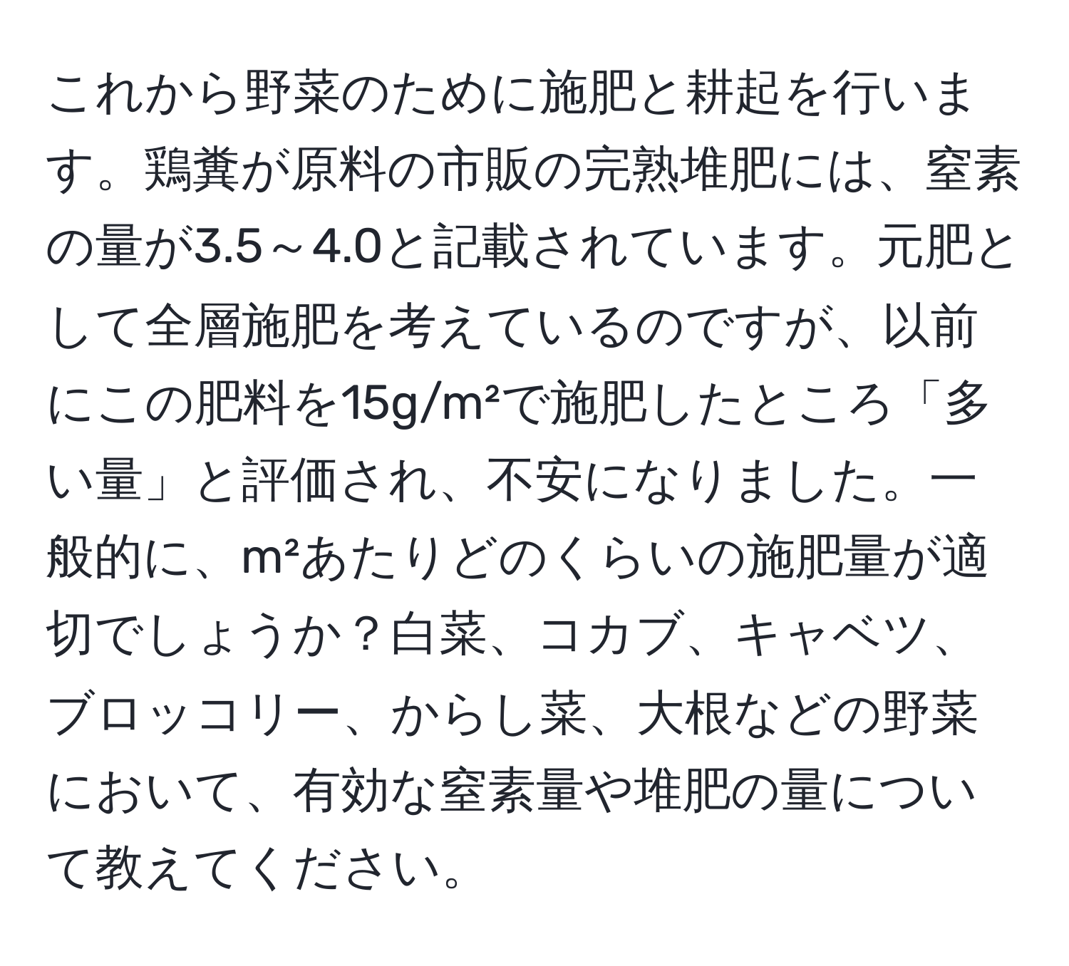 これから野菜のために施肥と耕起を行います。鶏糞が原料の市販の完熟堆肥には、窒素の量が3.5～4.0と記載されています。元肥として全層施肥を考えているのですが、以前にこの肥料を15g/m²で施肥したところ「多い量」と評価され、不安になりました。一般的に、m²あたりどのくらいの施肥量が適切でしょうか？白菜、コカブ、キャベツ、ブロッコリー、からし菜、大根などの野菜において、有効な窒素量や堆肥の量について教えてください。