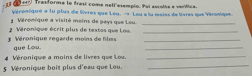 Trasforma le frasi come nell’esempio. Poi ascolta e verifica. 
Véronique a lu plus de livres que Lou. → Lou a lu moins de livres que Véronique. 
1 Véronique a visité moins de pays que Lou._ 
2 Véronique écrit plus de textos que Lou._ 
3 Véronique regarde moins de films_ 
que Lou. 
_ 
4 Véronique a moins de livres que Lou._ 
5 Véronique boit plus d'eau que Lou. 
_