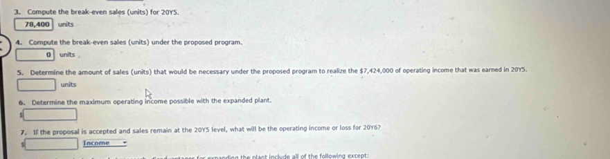 Compute the break-even sales (units) for 20Y5.
78,400 units 
4. Compute the break-even sales (units) under the proposed program.
0 units 
5. Determine the amount of sales (units) that would be necessary under the proposed program to realize the $7,424,000 of operating income that was earned in 20Y5. 
units 
6. Determine the maximum operating income possible with the expanded plant.
$
7. If the proposal is accepted and sales remain at the 20Y5 level, what will be the operating income or loss for 20Y6? 
s Income 
n g the plant include all of the following excent :