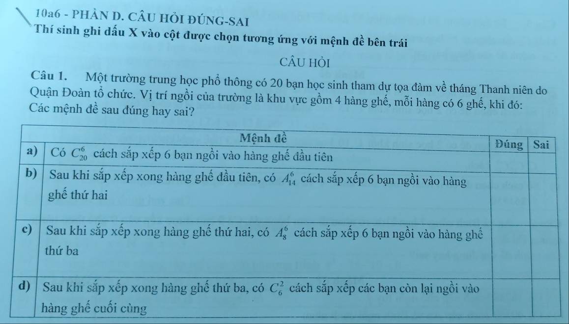 10a6 - PHÀN D. CÂU HỏI ĐÚNG-SAI
Thí sinh ghi dấu X vào cột được chọn tương ứng với mệnh đề bên trái
cÂU hỏI
Câu 1. Một trường trung học phổ thông có 20 bạn học sinh tham dự tọa đàm về tháng Thanh niên do
Quận Đoàn tổ chức. Vị trí ngồi của trường là khu vực gồm 4 hàng ghế, mỗi hàng có 6 ghế, khi đó:
Các mệnh đề sau đúng hay sai?