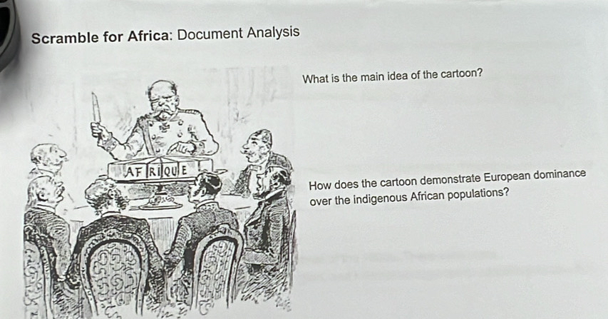 Scramble for Africa: Document Analysis 
at is the main idea of the cartoon? 
ow does the cartoon demonstrate European dominance 
ver the indigenous African populations?