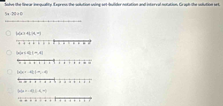 Solve the linear inequality. Express the solution using set-builder notation and interval notation. Graph the solution set.
5x-20≥ 0
 x|x≥ 4 ;(4,∈fty )
 x|x≤ 4 ;(-∈fty ,4]
(x|x
(x(x>-4):(-4,∈fty )