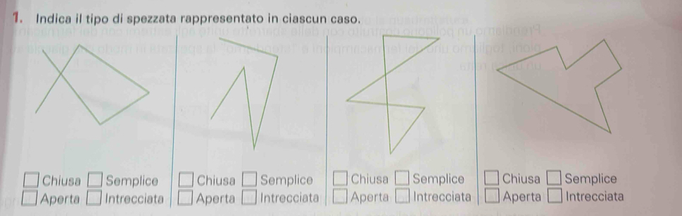 Indica il tipo di spezzata rappresentato in ciascun caso.
Chiusa □ Semplice Chiusa | Semplice° Chiusa □ Semplice □ Chiusa □ Semplice
Aperta □ Intrecciata Aperta | Intrecciata Aperta □ Intrecciata □ Aperta □ Intrecciata