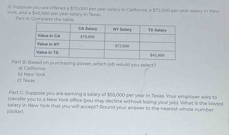 Suppose you are offered a $70,000 per year salary in California, a $72,000 per year salary in New
York, and a $45,000 per year salary in Texas.
Part A: Complete the table.
Part B: Based on purchasing power, which job would you select?
a) California
b) New York
c) Texas
Part C: Suppose you are earning a salary of $55,000 per year in Texas. Your employer asks to
transfer you to a New York office (you may decline without losing your job). What is the lowest
salary in New York that you will accept? Round your answer to the nearest whole number
(dollar).