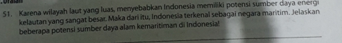 Karena wilayah laut yang luas, menyebabkan Indonesia memiliki potensi sumber daya energi 
kelautan yang sangat besar. Maka dari itu, Indonesia terkenal sebagai negara maritim. Jelaskan 
beberapa potensi sumber daya alam kemaritiman di Indonesia!