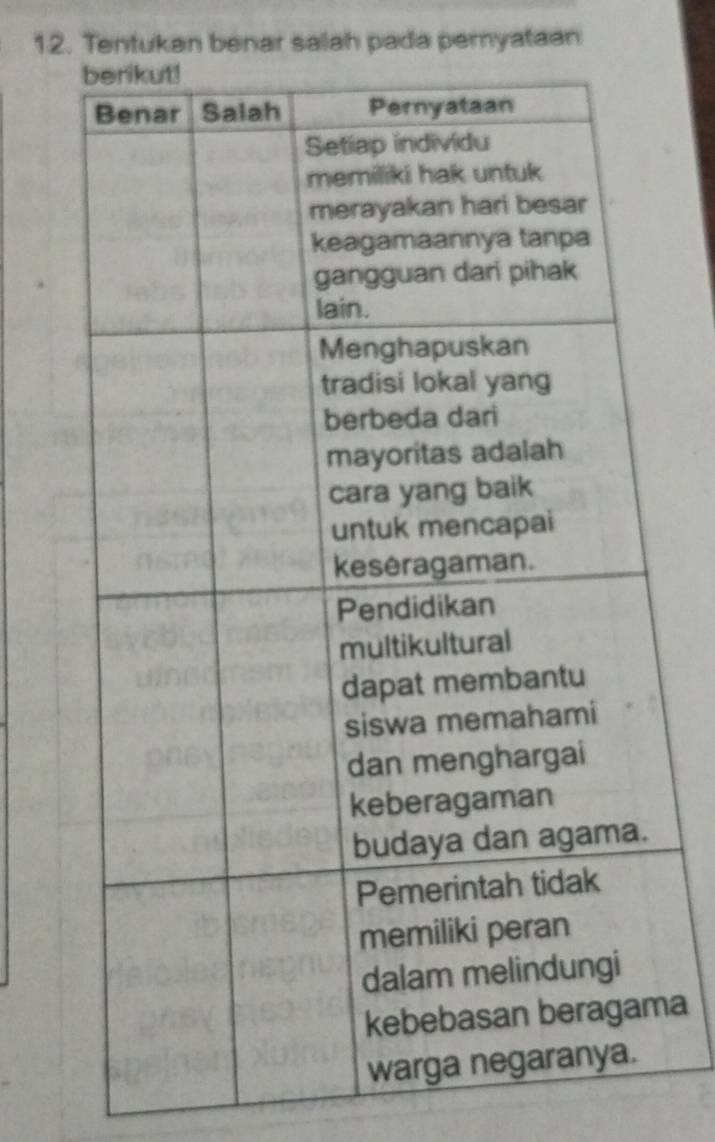 Tentukan benar salah pada pemyataan 
a