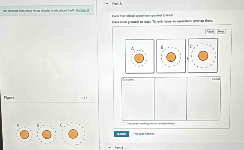 The dashed lines show three circular orbits about Earth. (Figure_1)
Rank their orbital speed from greatest to least.
Rank from greatest to least. To rank items as equivalent, overlap them.
Reset Help

Greatest Leas!
Figure 1 of 1
A B C The correct ranking cannot be determined.
Submit Request Answer
Part B