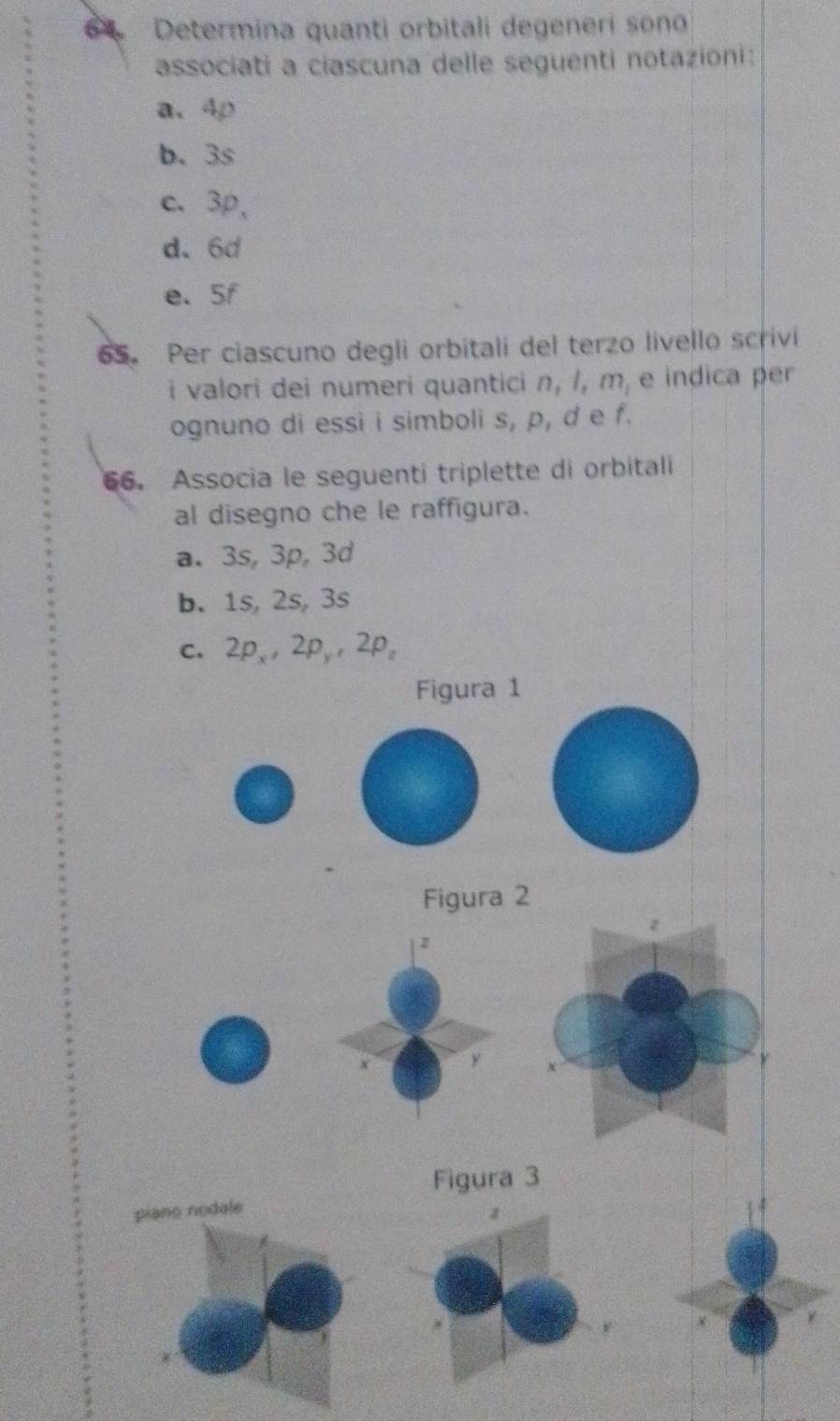 Determina quanti orbitali degeneri sono
associati a ciascuna delle seguenti notazioni:
a、 4p
b. 3s
c. 3p 、
d、 6d
e. 5f
65. Per ciascuno degli orbitali del terzo livello scrivi
i valori dei numeri quantici n, /, m, e indica per
ognuno di essì i simboli s, p, d e f.
66. Associa le seguenti triplette di orbitali
al disegno che le raffigura.
a. 3s, 3p, 3d
b. 1s, 2s, 3s
c. 2p,, 2p, , 2p,
Figura 1
Figura 2
z
2
Figura 3
piano nodale