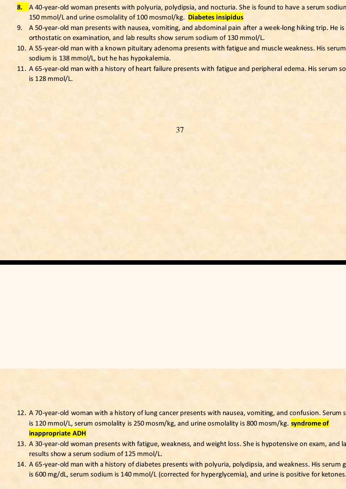 A 40-year-old woman presents with polyuria, polydipsia, and nocturia. She is found to have a serum sodiun
150 mmol/L and urine osmolality of 100 mosmol/kg. Diabetes insipidus 
9. A 50-year-old man presents with nausea, vomiting, and abdominal pain after a week-long hiking trip. He is 
orthostatic on examination, and lab results show serum sodium of 130 mmol/L. 
10. A 55-year -old man with a known pituitary adenoma presents with fatigue and muscle weakness. His serum 
sodium is 138 mmol/L, but he has hypokalemia. 
11. A 65-year -old man with a history of heart failure presents with fatigue and peripheral edema. His serum so 
is 128 mmol/L. 
37 
12. A 70-year-old woman with a history of lung cancer presents with nausea, vomiting, and confusion. Serum s 
is 120 mmol/L, serum osmolality is 250 mosm/kg, and urine osmolality is 800 mosm/kg. syndrome of 
inappropriate ADH 
13. A 30-year -old woman presents with fatigue, weakness, and weight loss. She is hypotensive on exam, and la 
results show a serum sodium of 125 mmol/L. 
14. A 65 -year-old man with a history of diabetes presents with polyuria, polydipsia, and weakness. His serum g 
is 600 mg/dL, serum sodium is 140 mmol/L (corrected for hyperglycemia), and urine is positive for ketones