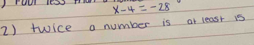 ) VU (O0) T x-4=-28
2) twice a number is at least 15