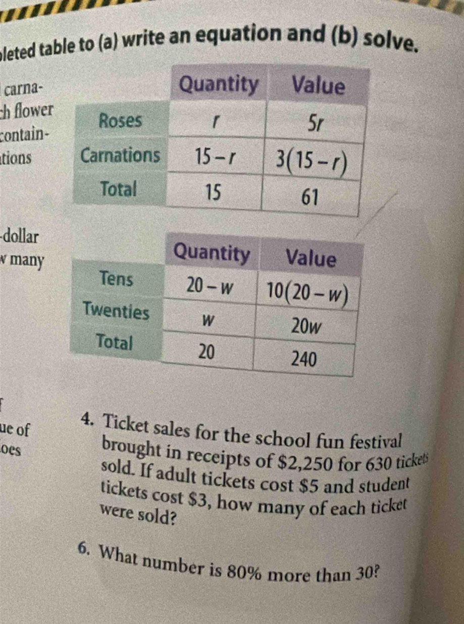 pleted table to (a) write an equation and (b) solve.
carna-
h flower
contain-
tions
dollar
w many
ue of
4. Ticket sales for the school fun festival
oes
brought in receipts of $2,250 for 630 ticke
sold. If adult tickets cost $5 and student
tickets cost $3, how many of each ticket
were sold?
6. What number is 80% more than 30?