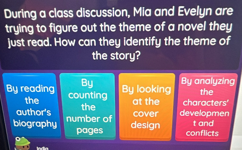 During a class discussion, Mia and Evelyn are
trying to figure out the theme of a novel they
just read. How can they identify the theme of
the story?
By reading By
By analyzing
By looking the
the counting
at the characters'
author's the
cover developmen
biography number of
design t and
pages conflicts
India