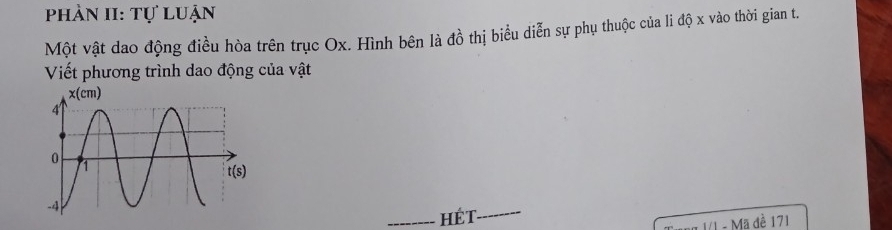 Phản II: Tự luận
Một vật dao động điều hòa trên trục Ox. Hình bên là đồ thị biểu diễn sự phụ thuộc của li độ x vào thời gian t.
Viết phương trình dao động của vật
_Hét_
1/1 - Mã đề 171