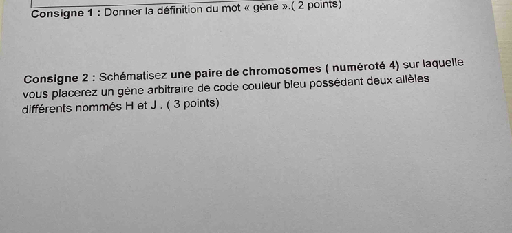 Consigne 1 : Donner la définition du mot « gène ».( 2 points) 
Consigne 2 : Schématisez une paire de chromosomes ( numéroté 4) sur laquelle 
vous placerez un gène arbitraire de code couleur bleu possédant deux allèles 
différents nommés H et J. ( 3 points)