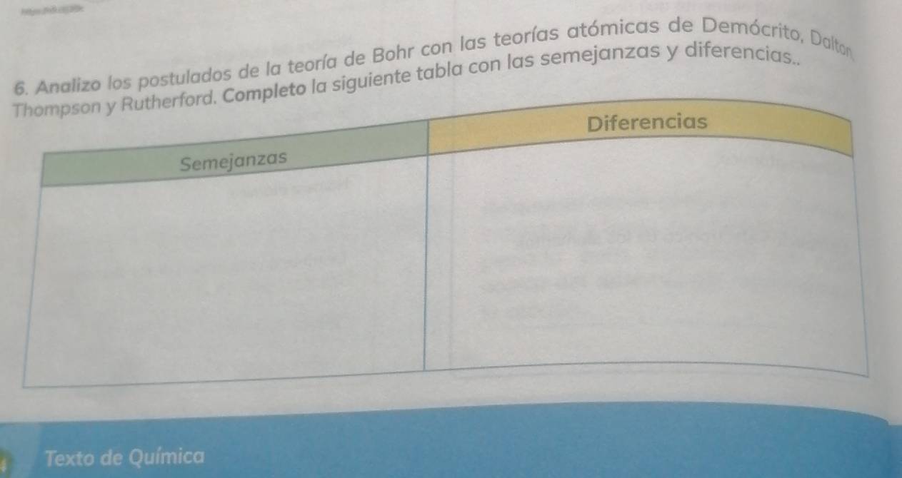 os postulados de la teoría de Bohr con las teorías atómicas de Demócrito, Dalton 
Tuiente tabla con las semejanzas y diferencias.. 
Texto de Química